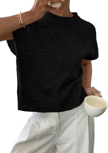 PRETTYGARDEN Women's 2026 Spring Sweater Vest Trendy Flower Knit Short Sleeve Cute Pullover Tank Tops Summer Fashion Clothing (Black,Medium)