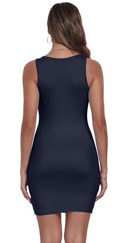Image of Qaffier Women's Mini Dress Summer Tank Dress Ribbed Crew Neck Sleeveless Basic Bodycon Mini Dresses