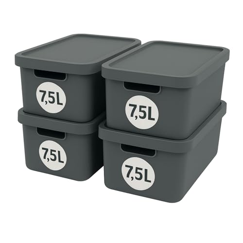 Plastard Aufbewahrungsboxen mit Deckel 7,5 L, 4er-Set, Anthrazit, BPA-frei, Stapelbar, Ordnungsbox für Küche, Bad, Büro, Kinderzimmer, Regale – Robuste Kunststoffbox, Kleiderbox