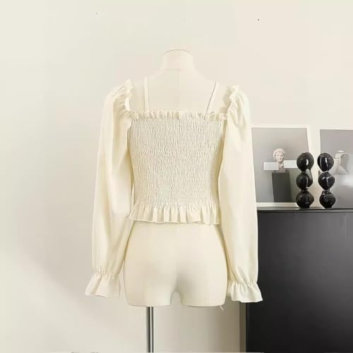 Image of ICW Women Korean Retro Style Vintage Floral Jacquard Lace-Up Off-The-Shoulder Smock Puff Sleeve Ruffled Crop Blouse Corset Top DN6021