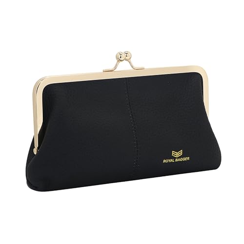 Image of Royal Bagger RFID Kiss Lock Wallet, Solid Color Multi-card Slots Card Holder, Genuine Cow Leather Clutch Purses for Women 1468 (Black)