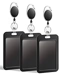 Uniclife 3 Pcs Sliding Badge Holder Hard Black Vertical Plastic Card Case Protector with Retractable Badge Reel Carabiner for Office School ID Credit Proximity Key Card Driver’s License and Pass