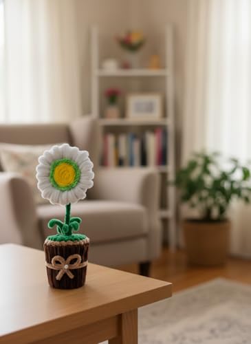 Image of Handmade Artificial Flower Pot for Home Decor | Cute Fuzzy Wire Pipe Cleaner Flower Plant | Aesthetic Tabletop Decorative Pot for Home, Office & Gifting (Soft Bloom :- Neon-White)