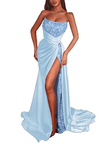 Robe de soirée en satin fente traîne paillettes robe de bal bleu ciel 34