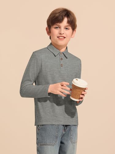 Image of Haloumoning Boys Long Sleeve Polo Shirts Kids Casual Button School Uniform Shirts with Chest Pocket 5-14 Years