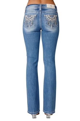 Miss Me Women's Lace Dreamcatcher Embellished Pockets Mid-Rise Bootcut Jeans