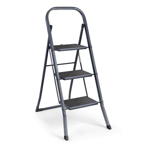 VonHaus 3 Step Ladder Premium Quality Folding Step Ladder for DIY and Gardening - Anti Slip Feet Easy to Store Ladder 150KG Max Capacity - Durable Steel
