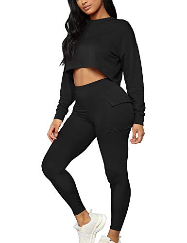 Kaximil Women's 2 Piece Outfits Crop Sweatshirt Long Pants Jogger Set Bodycon Workout Tracksuit Sweatpants, Large, Black
