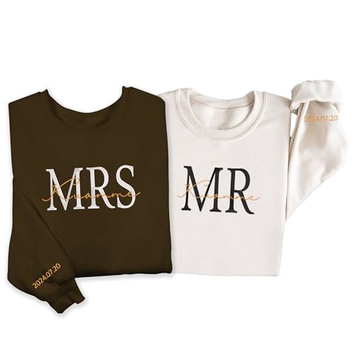 Custom Mrs Last Name Sweatshirt, Embroidered Bride Hoodie with Custom Date on Sleeve, Perfect Future Mrs. Gift, Honeymoon Pajamas, Engagement & Bachelorette Party Gifts, New Mrs. Wedding Gift