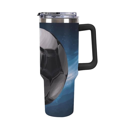 Vaso de 40 oz con asa, diseño de balón de fútbol, de acero inoxidable, reutilizable, para viaje, a prueba de fugas, con aislamiento para coche, de gran capacidad, para viajes, exteriores y uso domés