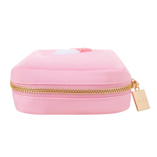 BLOC Bags Travel Makeup Bag, Cosmetic Bags for Women, Mini Makeup Bag, Cute Toiletry Bag, Beauty Bag with Chenille Patch, with Inside Zipper Pouch and Mesh Pockets (Pill, Baby Pink)2
