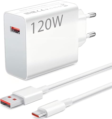 Cargador Rápido 120W USB-A Universal con Cable Tipo C 1m, Carga Rápida para Samsung, Xiaomi, OPPO, Realme, iPhone 15 16 17, Power Bank