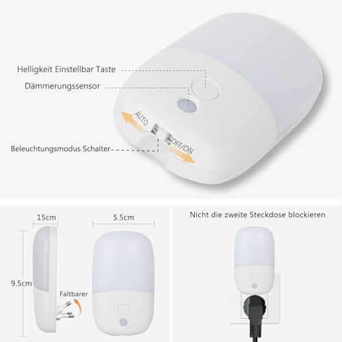echosari Nachtlicht Steckdose mit Dämmerungssensor, 2 Stück LED Nachtlicht mit Helligkeit Dimmbare, ON/OFF/AUTO Modi, 2700K WarmWeiß Steckdosenlicht für Kinder, Treppe, Flur, Schlafzimmer, Küche