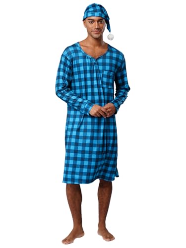 TiaoBug Mens Plaid Loose Sleepwear Nightdress Lightweight Nightshirts Robe with Sleeping Cap Pajama Set