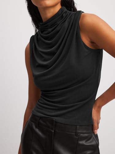 Tankaneo Womens Sleeveless Tank Tops Slim Fitted Mock Neck Draped Stretchy Summer Casual Ruched Tops2