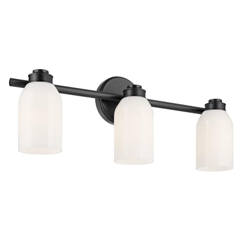 Image of Kichler Shae 3-Light Bathroom Vanity Light, Black | White opal glass vanity light for modern bathroom mirrors (24.25 inch x 9 inch), 55202BK