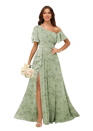 Image of One Shoulder Bridesmaid Dresses for Women with Pockets Short Sleeve Ruffled Chiffon Formal Evening Gowns