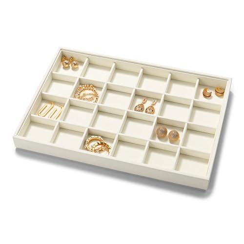 24 Grids Microfiber Jewelry Trays Ring Earrings Organizer Tray Stackable Jewelry Drawer Organizer(Beige)