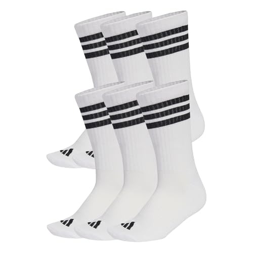adidas Unisex 3 Stripes Essentials Cushioned Crew Socks 6 Pair Pack, white/black/black, 42-45