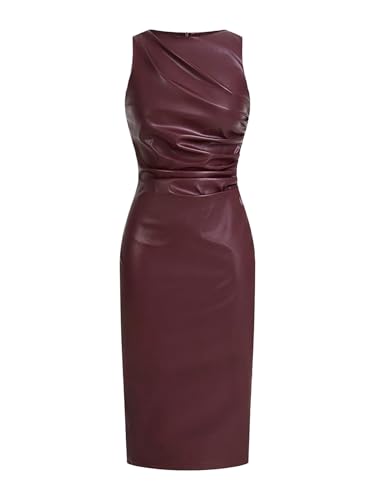 WDIRARA Women's PU Leather Ruched Sleeveless Slit Bodycon Midi Tank Dress Burgundy Large