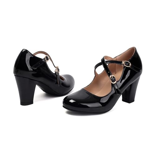 Women's Mary Jane Double Strap Buckle High Heel Pumps Round Toe Closed Patent Leather Chunky Heel Block Pump Casual Comfortable Wedding Party Prom Dress Shoes2