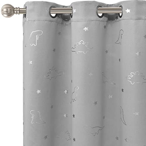 Image of LORDTEX Dinosaur and Star Foil Print Blackout Curtains for Kids Room - Thermal Insulated Curtains Noise Reducing Window Drapes for Boys and Girls Bedroom, 42 x 84 Inch, Light Grey, Set of 2 Panels