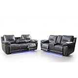 Sara Leather Electric Recliner Sofa With Cupholders - Leather Corner Sofa - 3+2 Seater - USB Charging Ports - LED Lights - Grey (3+2 Seater)