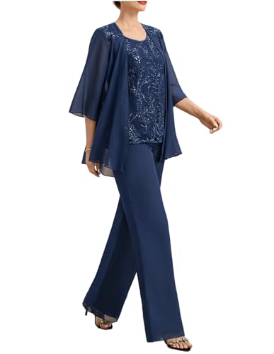 Women's 3 Pcs Mother of The Bride Pantsuits with Jacket Lace Applique Formal Pant Suit with Sleeves2