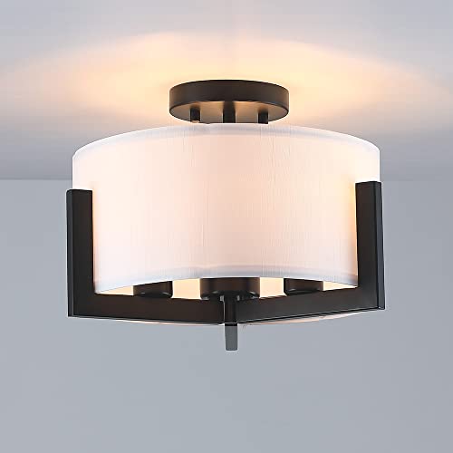 Lampression 14" Semi Flush Mount Ceiling Light Fixture, 3-Light Matte Black Semi Flush Mount With Drum Shade For Kitchen Island Dining Table Hallway Entryway Foyer #TOP1