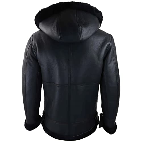 Men's Black Leather Shearling Jacket with Fur Hood2