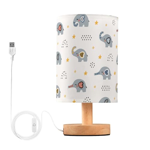 YYZZH Table Lamp Cute Baby Elephant Pattern Star Dot Doodle Cartoon Animal Design Nightstand Lamp with Wood Base Fabric Lamp Shade Bedside Desk Lamp for Living Room Bedroom Kids Room Office