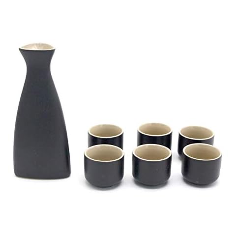 NEWQZ Japanese Sake Set, Traditional Black Ceramics Sake Sets 1 Pot and 6 Cups Cover