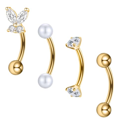 Besyvvin 4stk Curved Barbell Piercing Rosa Augenbrauen Lippe Helix Rook Daith 8mm Schmetterling Gold Augenbrauenpiercing