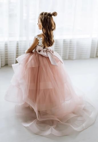 Tiered Tulle Flower Girl Dress for Wedding Princess Appliques Pageant Dress Kid's Floor-Length Party Gown with Train3