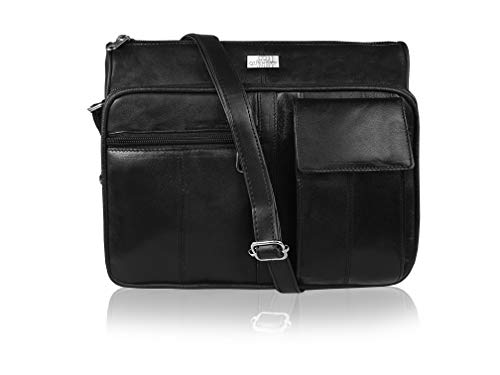 Quenchy London Dames echt lederen handtas - cross body schoudertas met 6 zakken - grote telefoonhouder - enkel verstelbaar over borstband - Designer Satchel Side Style - QL189K zwart, Zwart, Medium