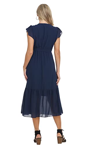 Image of VintageClothing Womens Sundress Casual Floral Summer Boho Dress | Flowy Wrap V Neck Ruffle A-Line Pleated Hem Midi Dresses