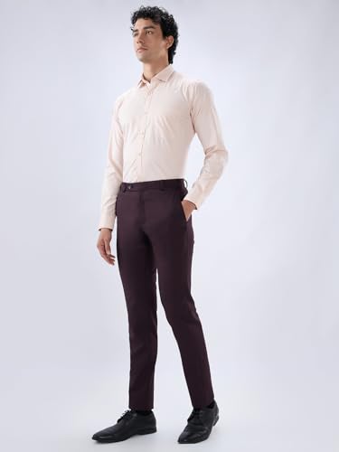 Image of Raymond Men Slim Fit Solid Pattern Polyester Blend Flat Front Casual Trouser