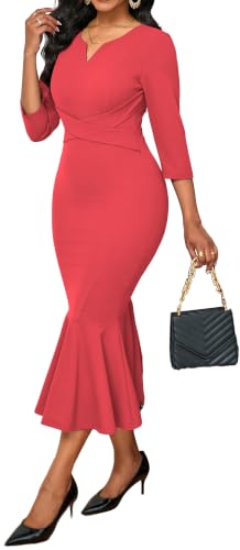 Image of Elegant Dress for Women Sexy V Neck Long Sleeve Bodycon Midi Fishtail Dresses