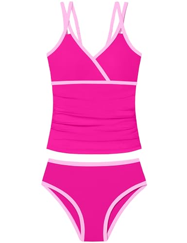 Image of Girls Swimsuit 2 Piece Bathing Suit Criss Cross Ruched Girl Tankini Sets Printed Girls' Swimwear for 9-18 Years