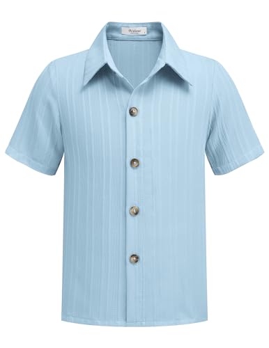 Arshiner Hemden Jungen Leinenhemd Knopfleiste Sommerhemd Kurzarm Lässiges Hemd für Kinder Freizeithemd Blau Schuluniformhemd 7-8 Jahre