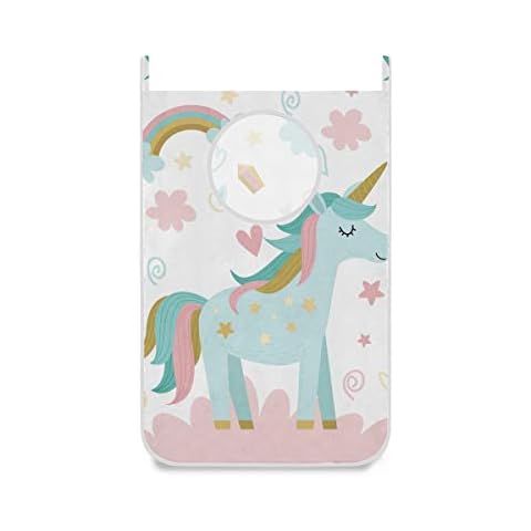 hengpai Kids Cute Hanging Laundry Hamper Bag Dirty Clothes Bag Basket Fabric Wash Bag with Door Wall Hooks,Pretty Unicorn Clouds Stars Cover