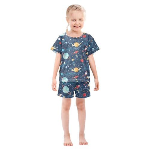 ALAZA Cartoon Planet Solar System Outer Space Pajamas Set Short Sleeve Cotton Sleepwear Summer Pjs 2 Piece 5-14Y3