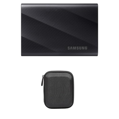 Samsung Portable SSD T9, 1 TB, 2.000 MB/s Lesen, 1.950 MB/s Schreiben, USB 3.2 Gen.2x2, PC, Smartphone und 12K Kameras, MU-PG1T0B/EU + Amazon Basics Festplattentasche, schwarz