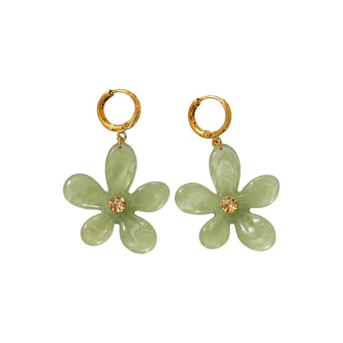 Boucles D’Oreilles Fleur Vert Sauge, Beige Ou Rose Poudré Doré – Bijou Femme Fait Main Marseille – Créoles Plaqué Or Effet Marbré & Zircon Champagne...