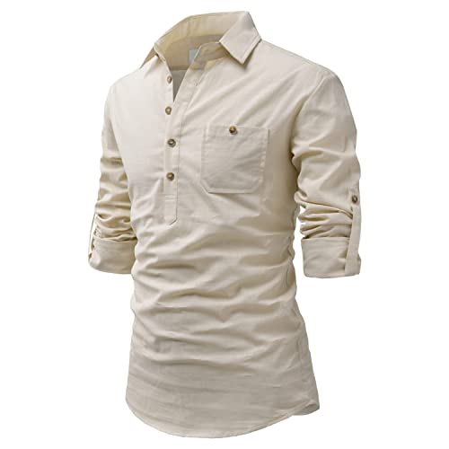 Image of Men's Full Sleeve Beige Color Cotton Blend Spread Slim Fit Shirt Style Kurta for Men and Boys
