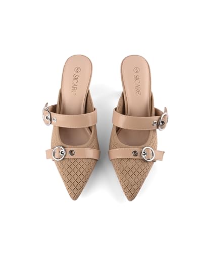 Kitten Heels Pumps for Women Closed Pointed Toe Knit Heeled Sandals Two Buckle Strap Slip-on Mule Sandal Dress Shoes Comfortable4