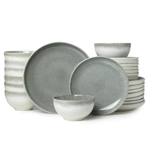 Image of Pokini 24 Piece Dinnerware Sets for 8, Modern Stoneware Plates and Bowls Sets, Perfect for Family Gatherings & Holiday Celebrations, Easy Cleaning Dishes, Stack Compactly Plate Set, Gradient Green