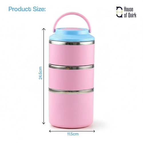 Image of House of Quirk 3 Layer 304 Stainless Steel Round Lunch Box for Office, Portable Multi-Layer Lunch Bucket, Large Capacity Leak-Proof Food Container with Rice Storage (Yellow)