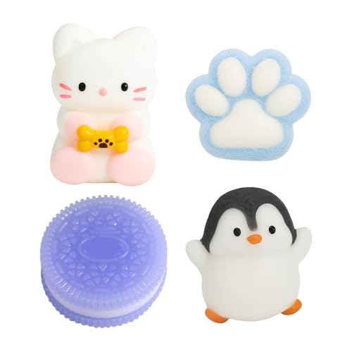 SSKHE Set de 4 Taba Squishy – Biscuits Sandwich Violet + Patte de Chat Bleue + Pingouin Noir et Blanc + Chaton Blanc | Jouets Anti-Stress compressibles pour...