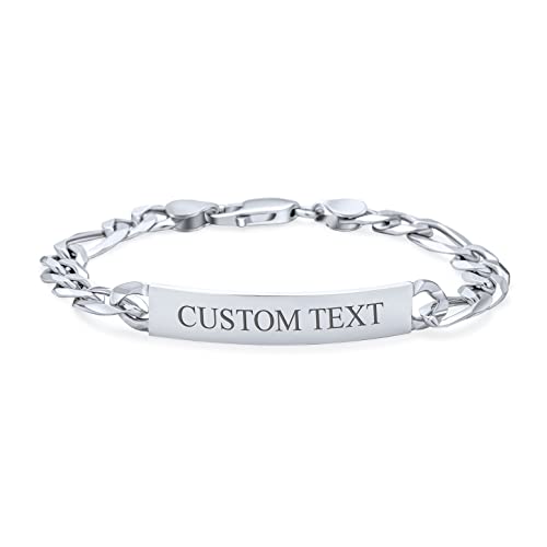 Bling Jewelry Unisex Personalize Bar Name Plated identification ID Bracelet For Men with Mariner, Curb, Figaro, Link Chain .925 Sterling Silver Made In Italy 7,8,8.5,9 Inch Customizable